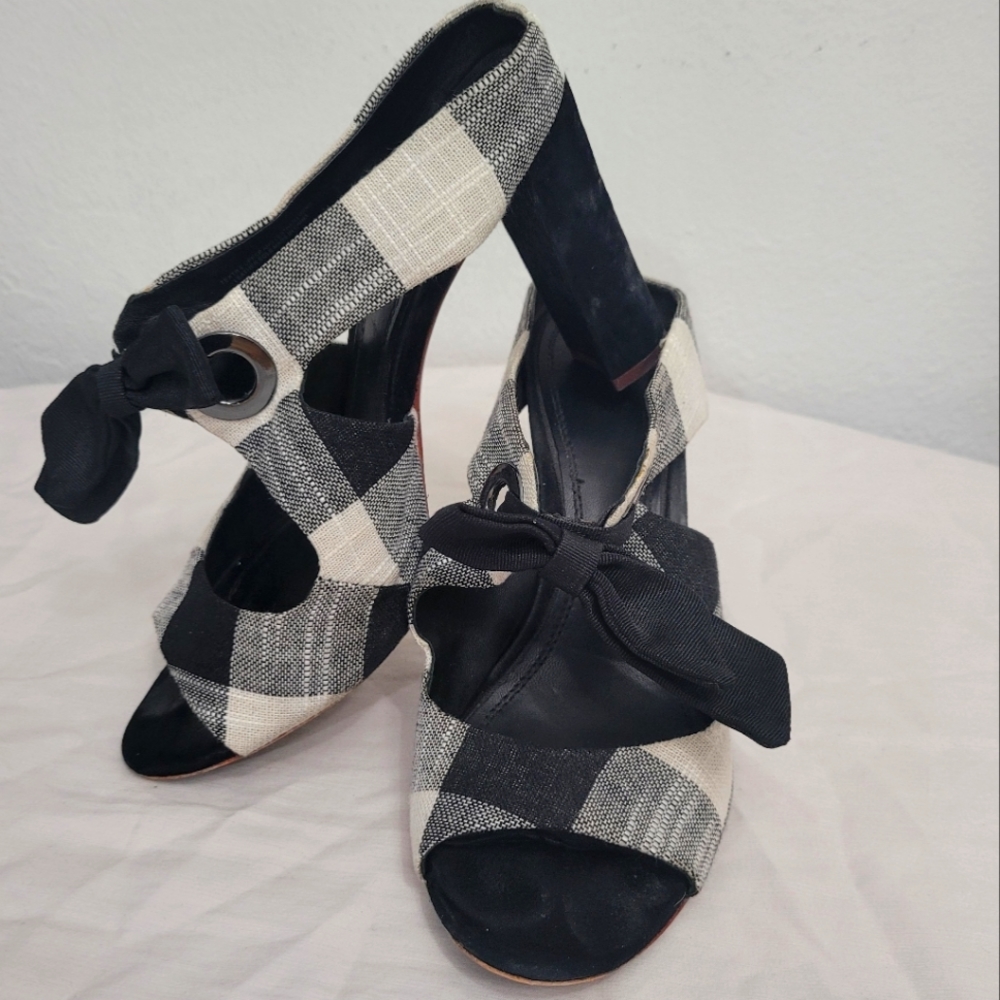 AD & Daughter Black & White Plaid Peep Toe Heels with Bow